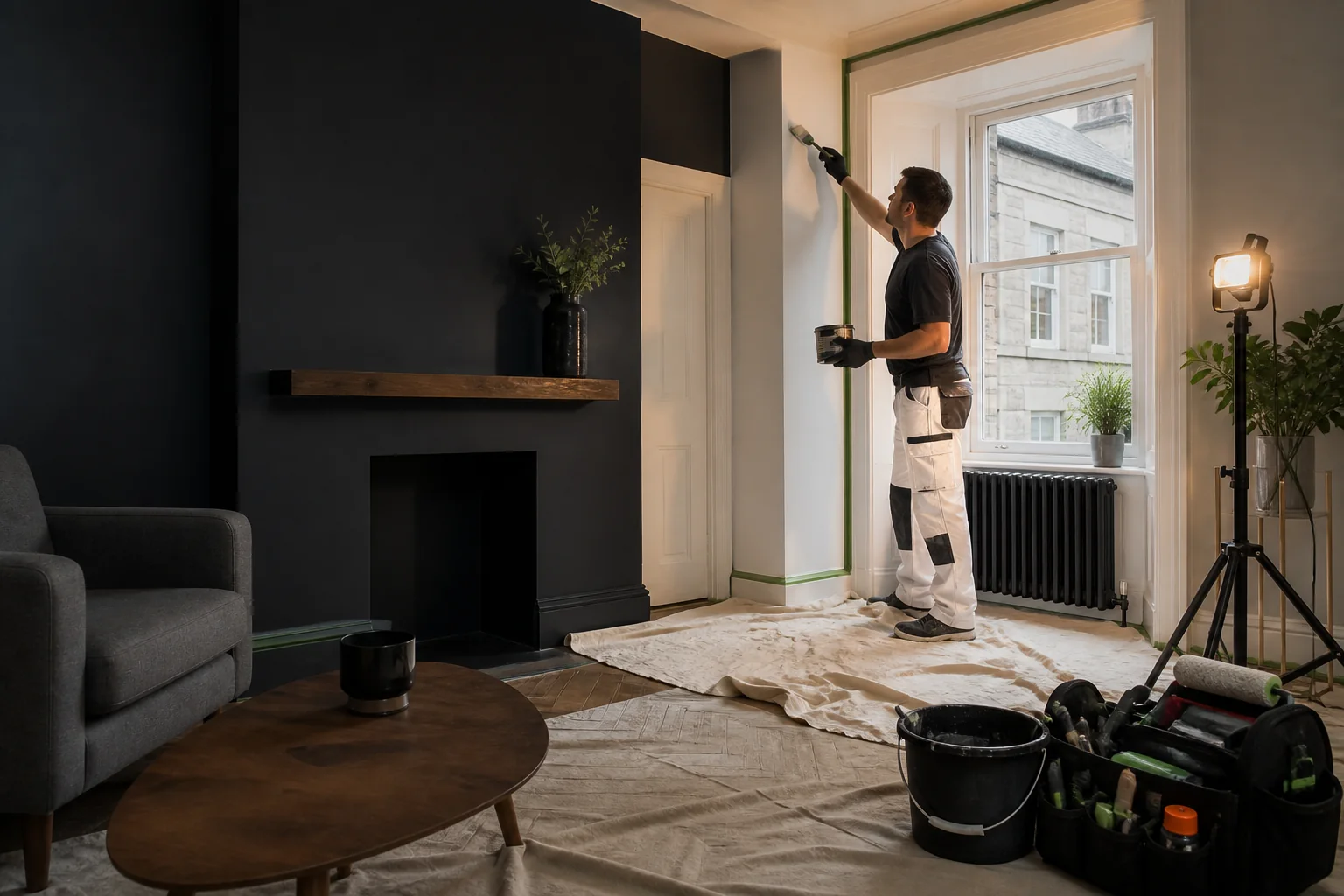 A property professional carefully painting a prepared Glasgow living room