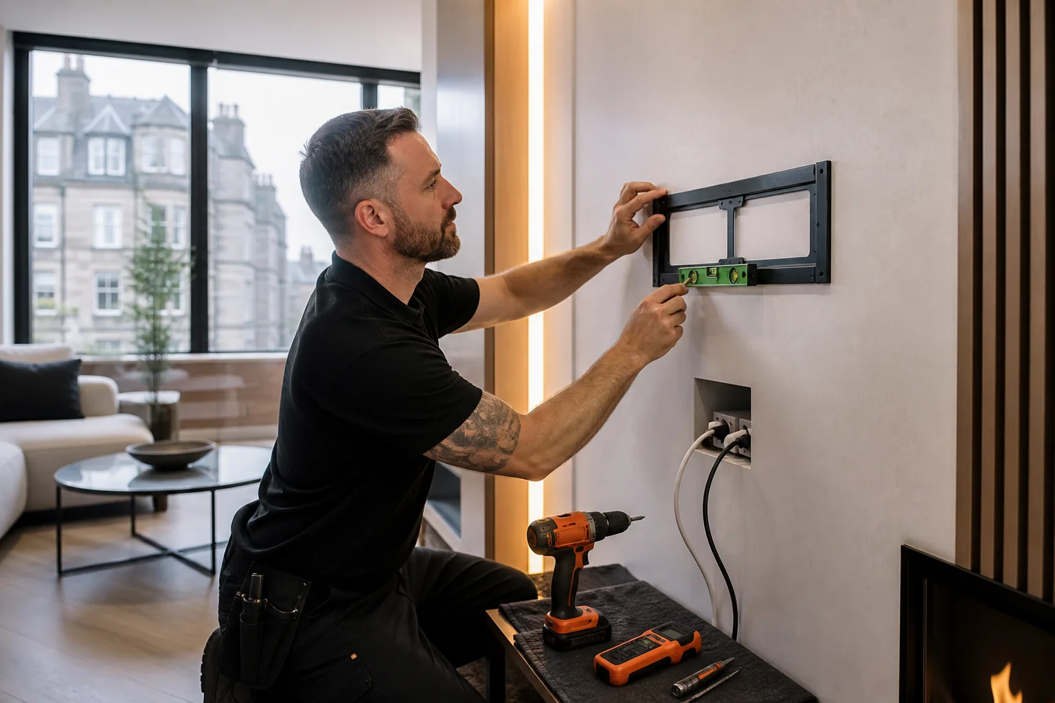 A property installer checking a television wall bracket with a spirit level