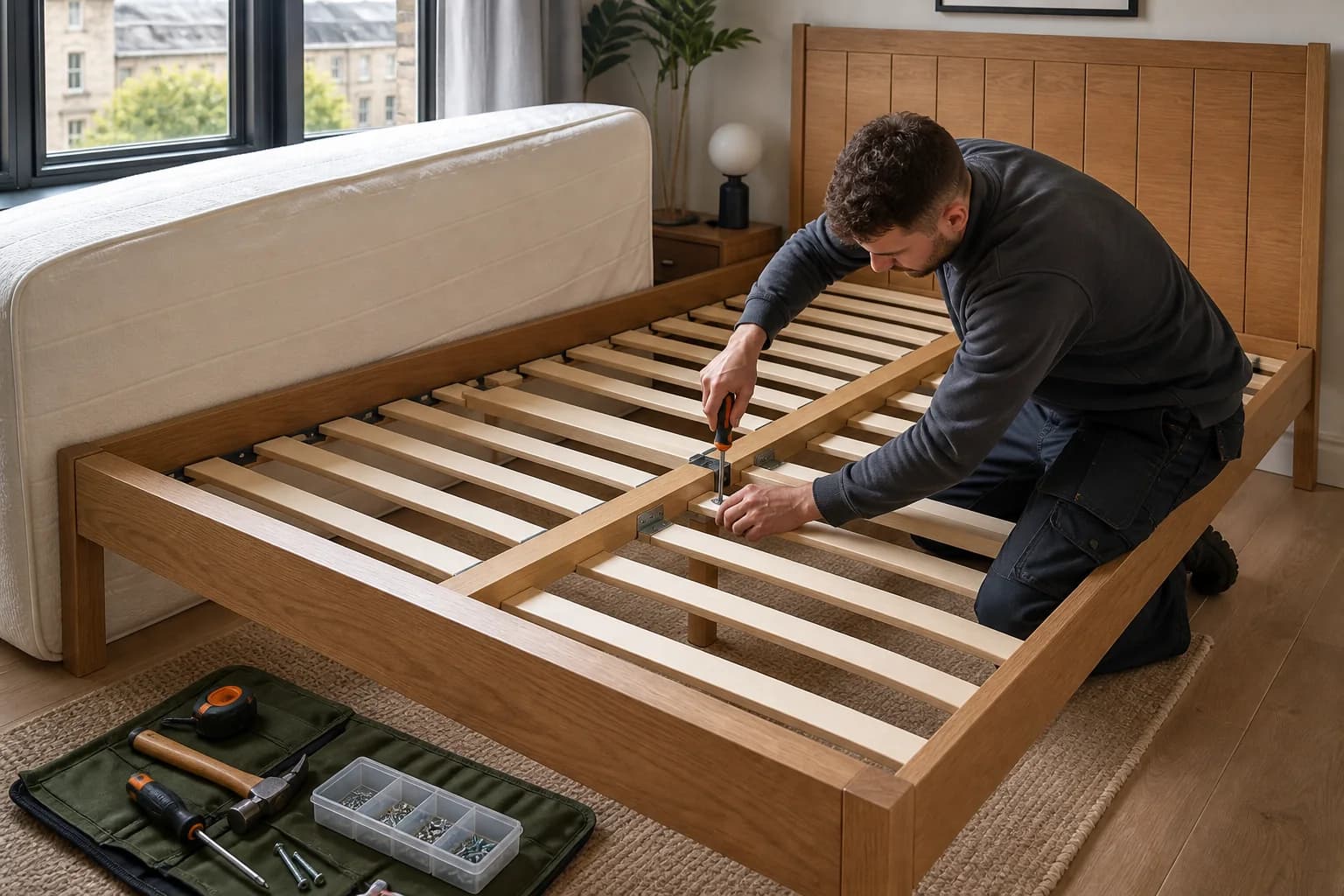 A property professional reinforcing the centre rail of a wooden bed frame