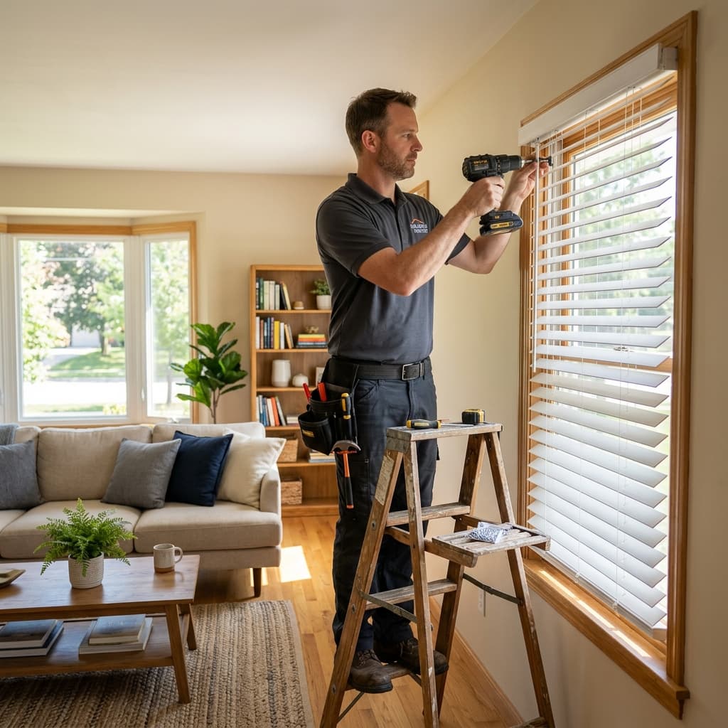 Professional handyman installing window blinds in a bright living room
