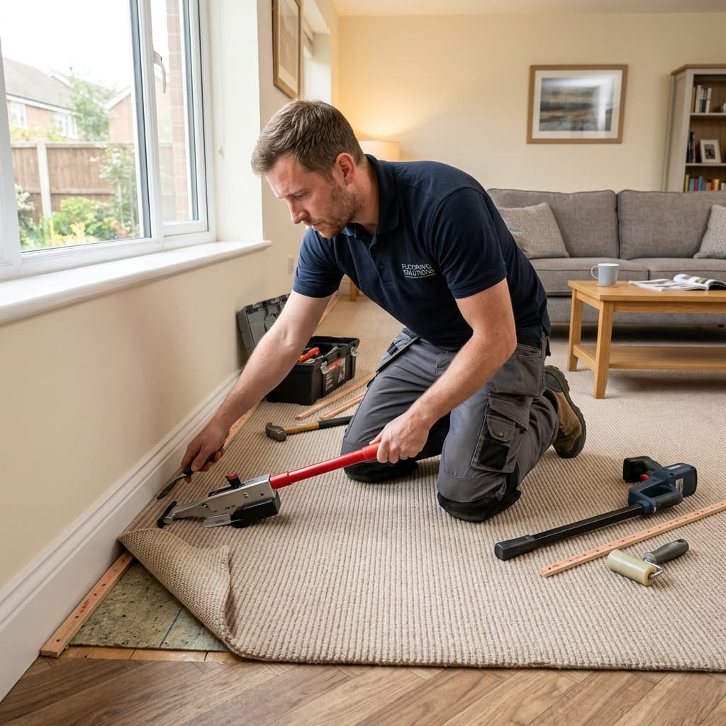 Professional carpet fitter installing new carpet in a living room