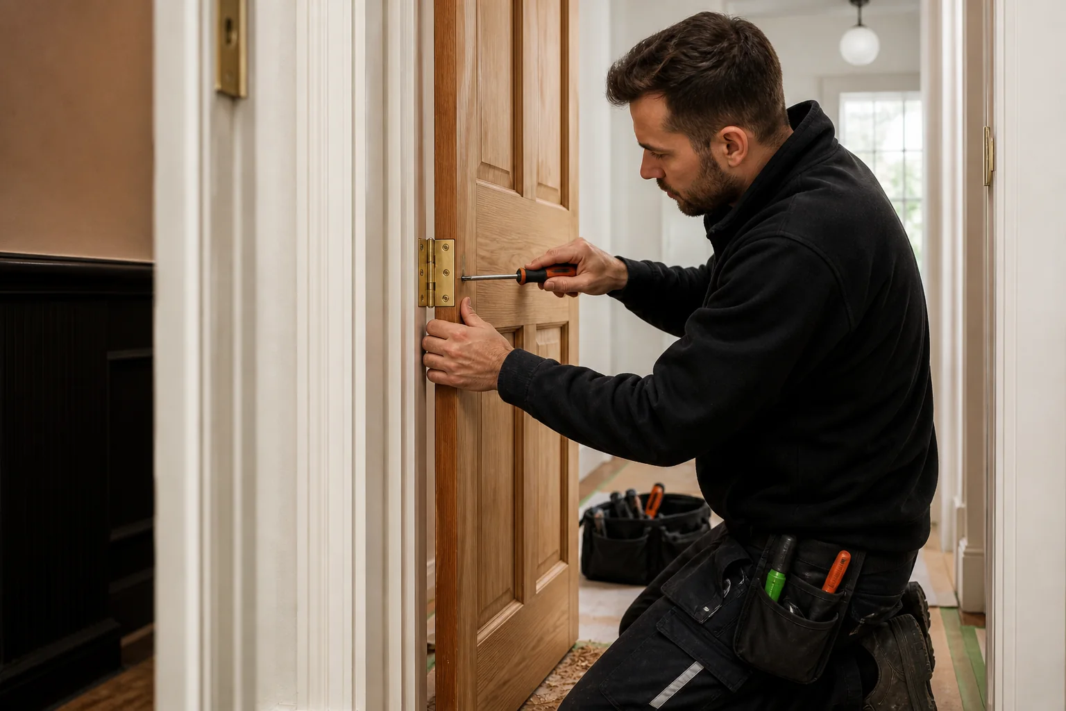 A property professional carefully adjusting a solid timber door hinge