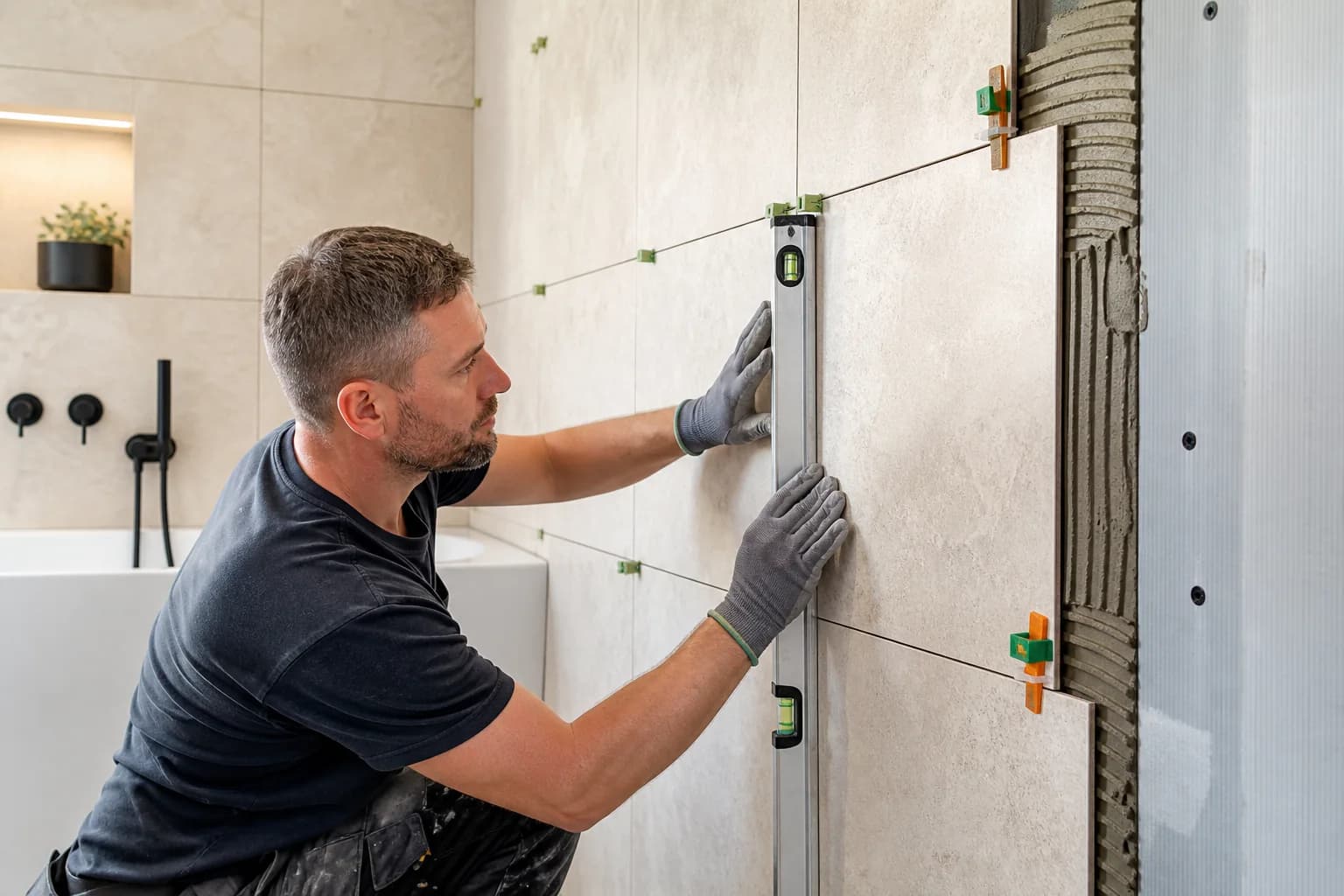 A tiler checking large-format bathroom tiles for level and alignment