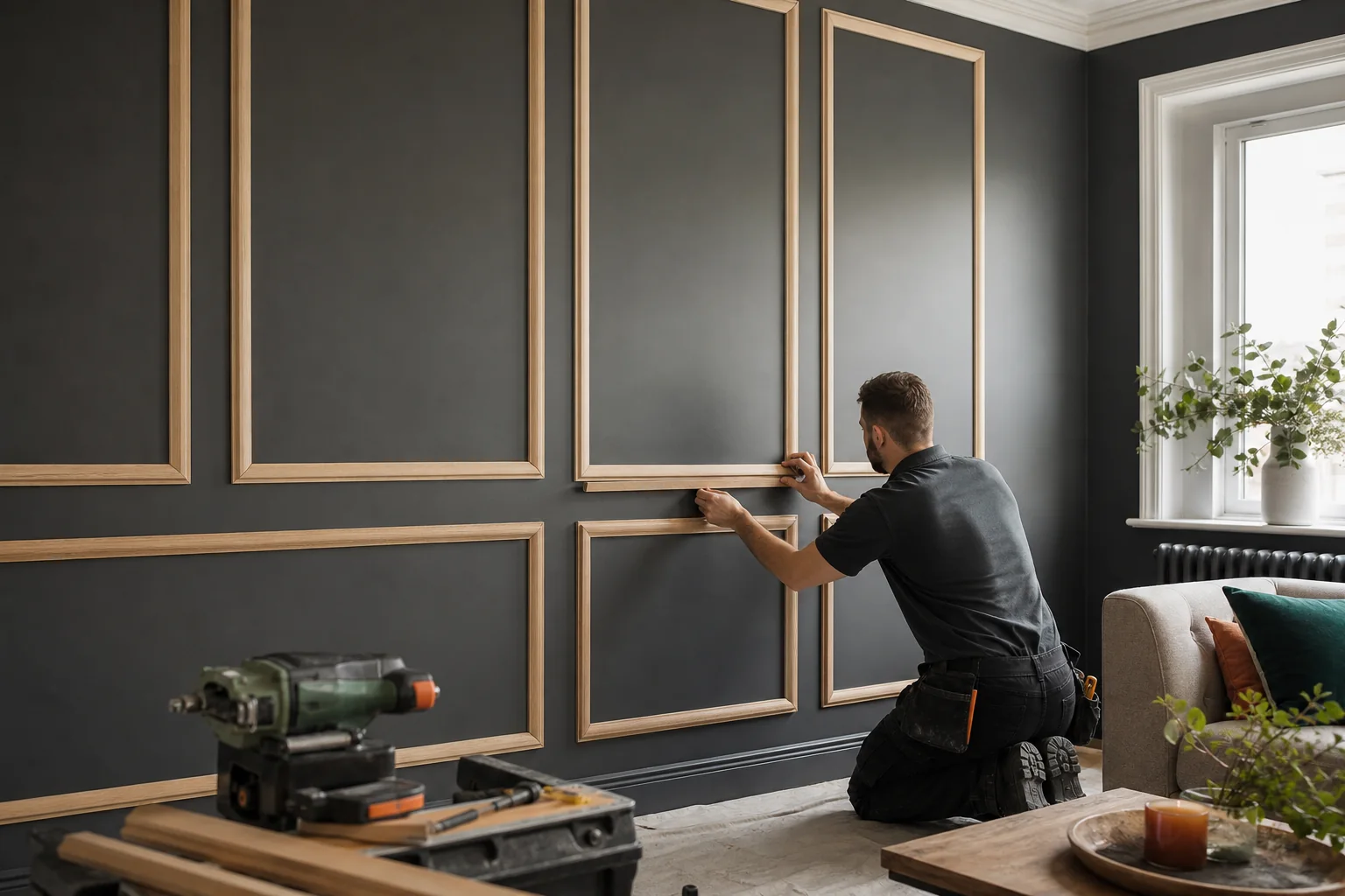 A property professional aligning timber wall panelling on a charcoal wall