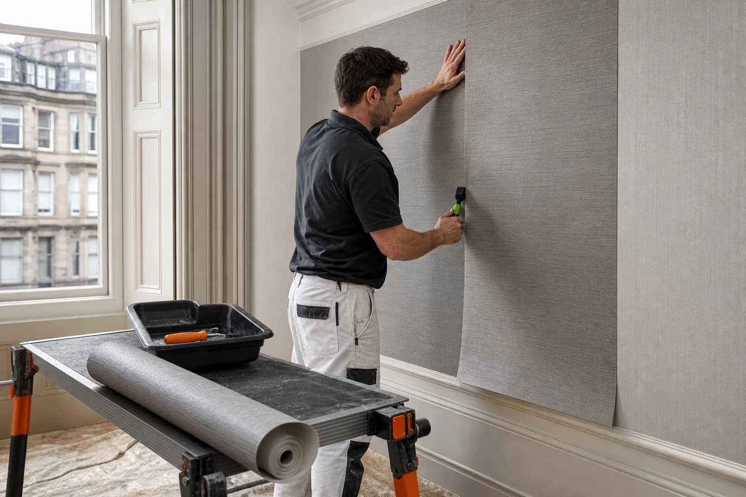A decorator carefully smoothing a wallpaper seam in a Glasgow room