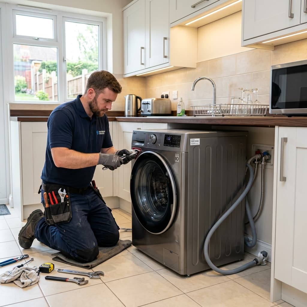 Professional handyman installing a modern washing machine in a kitchen